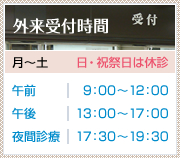 外来受付時間：月曜日から土曜日（日曜日・祝祭日は休診）。午前は9時から12時、午後は13時から17時、夜間診療は17時30分から19時30分。